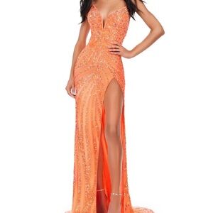 Bright Coral, hard to find, Ashley Lauren pageant prom gown